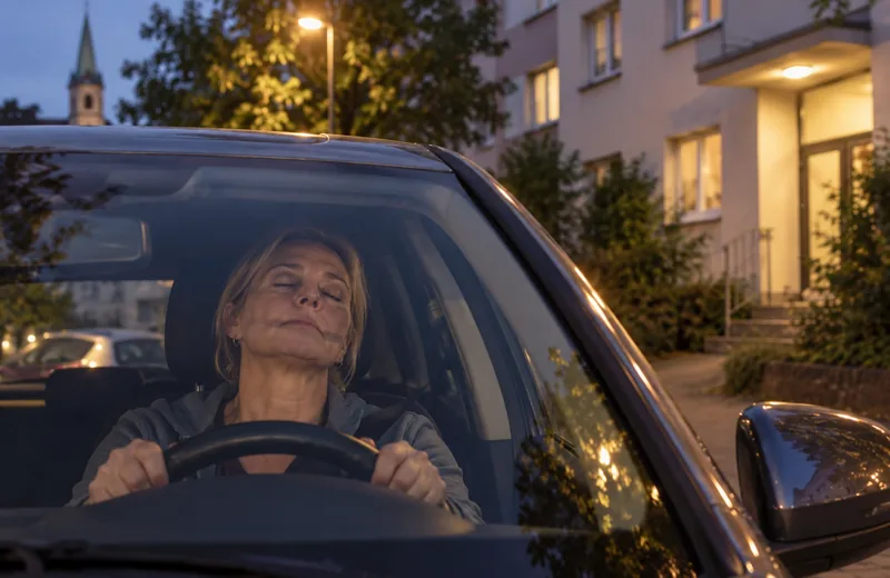 Tochter sitzt abends müde im Auto vor dem Haus ihrer Mutter