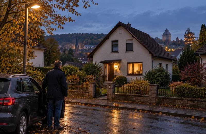 Mann steht abends vor dem Haus seines Vaters in Wellesweiler