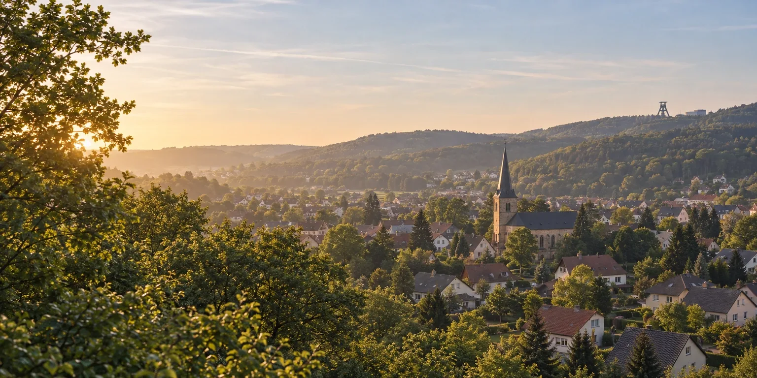 Blick über ein Dorf mit Kirchturm in einem bewaldeten Tal am Abend
