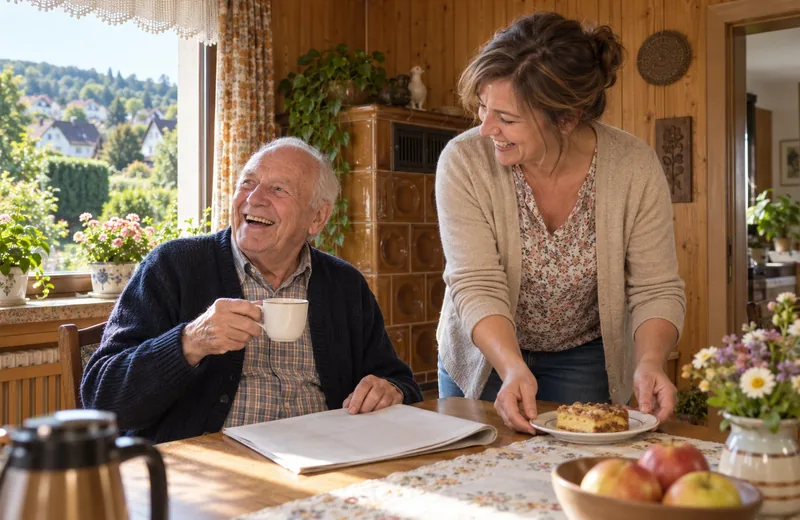 Frühstück am Küchentisch in Wiebelskirchen – Senior und Betreuungskraft lachen