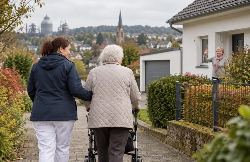 Seniorin geht mit Rollator und Betreuungskraft den Gartenweg entlang, der Nachbar grüßt