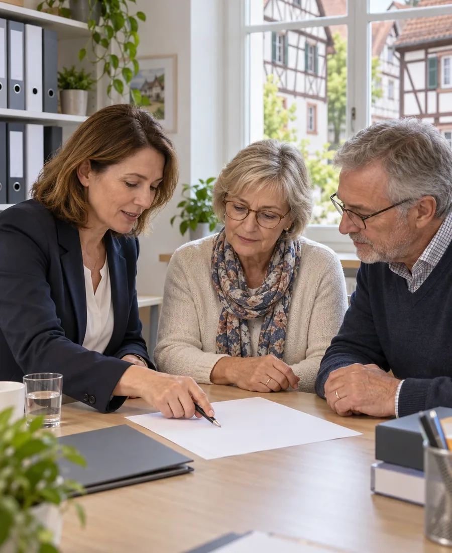 Beratungsgespräch mit einem älteren Ehepaar am Tisch