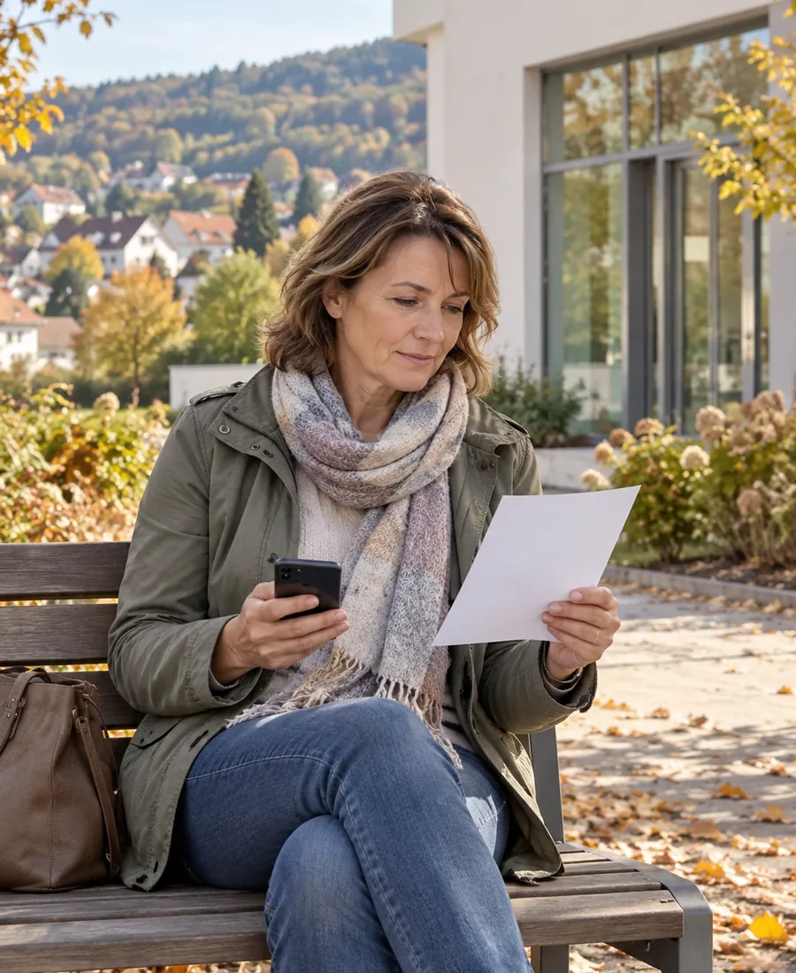 Frau sitzt vor einer Klinik in Neunkirchen auf einer Bank und telefoniert