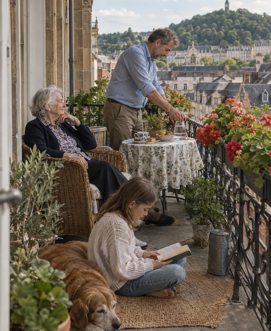 Drei Generationen auf einem Balkon mit Blick über die Dächer von Saarbrücken
