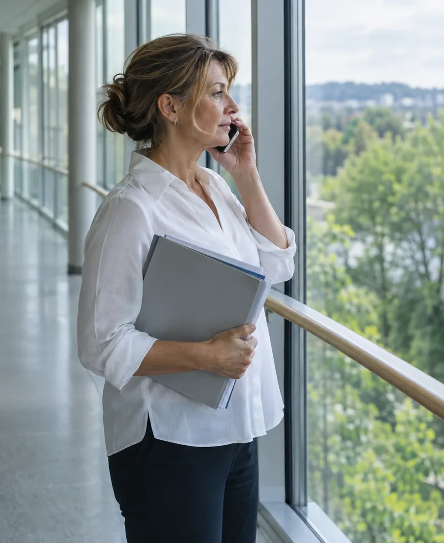 Frau telefoniert am Fenster und hält eine Mappe