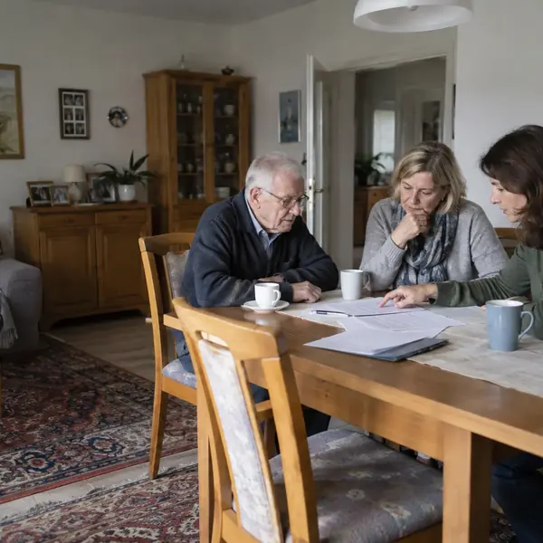 Beratungsgespräch mit einem älteren Ehepaar und Unterlagen am Tisch