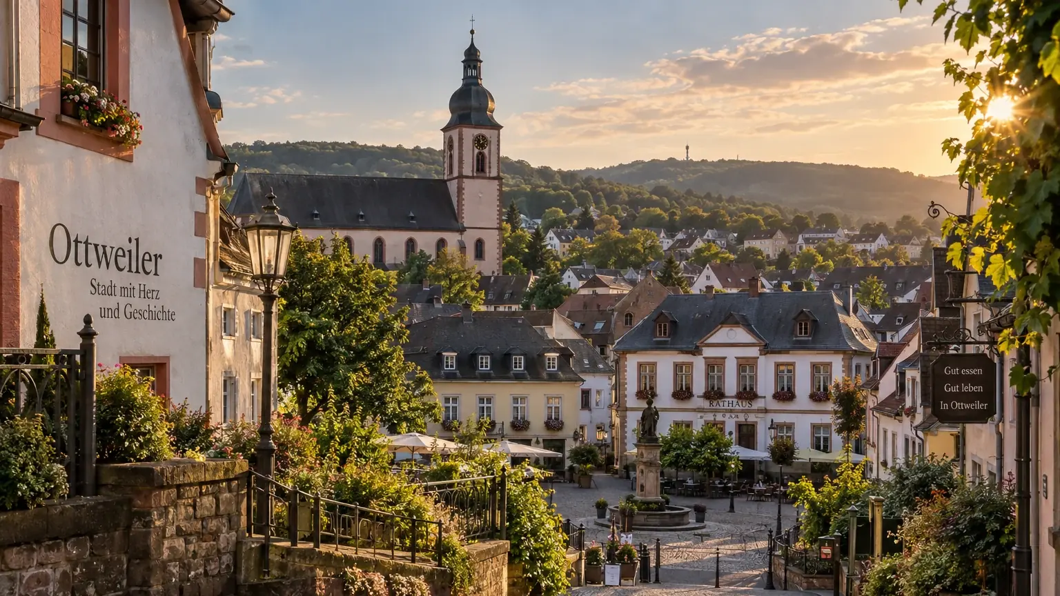 Blick über den historischen Ortskern von Ottweiler am Abend