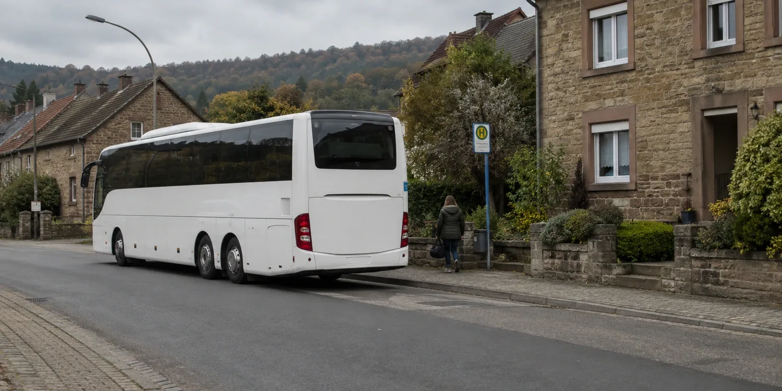 Reisebus hält an einer Dorfstraße