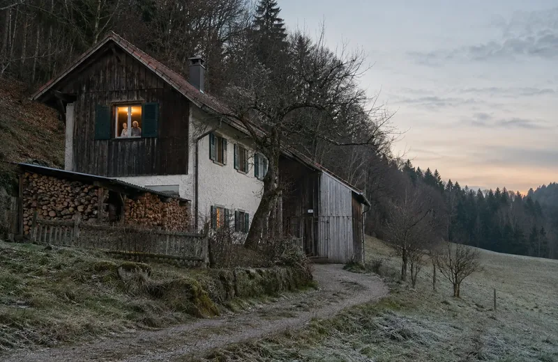 Altes Bauernhaus am Waldrand an einem Herbstmorgen