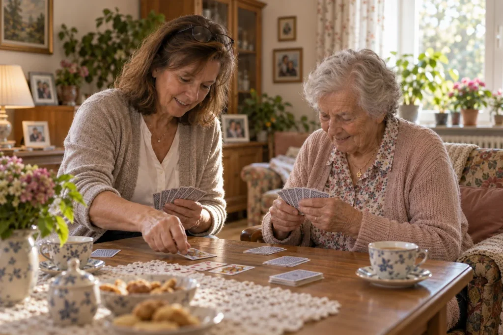 Betreuerin und Seniorin spielen an einem sonnigen Wohnzimmertisch Karten und lachen dabei