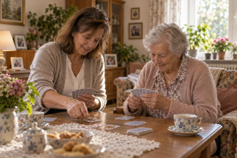 Betreuerin und Seniorin spielen an einem sonnigen Wohnzimmertisch Karten und lachen dabei