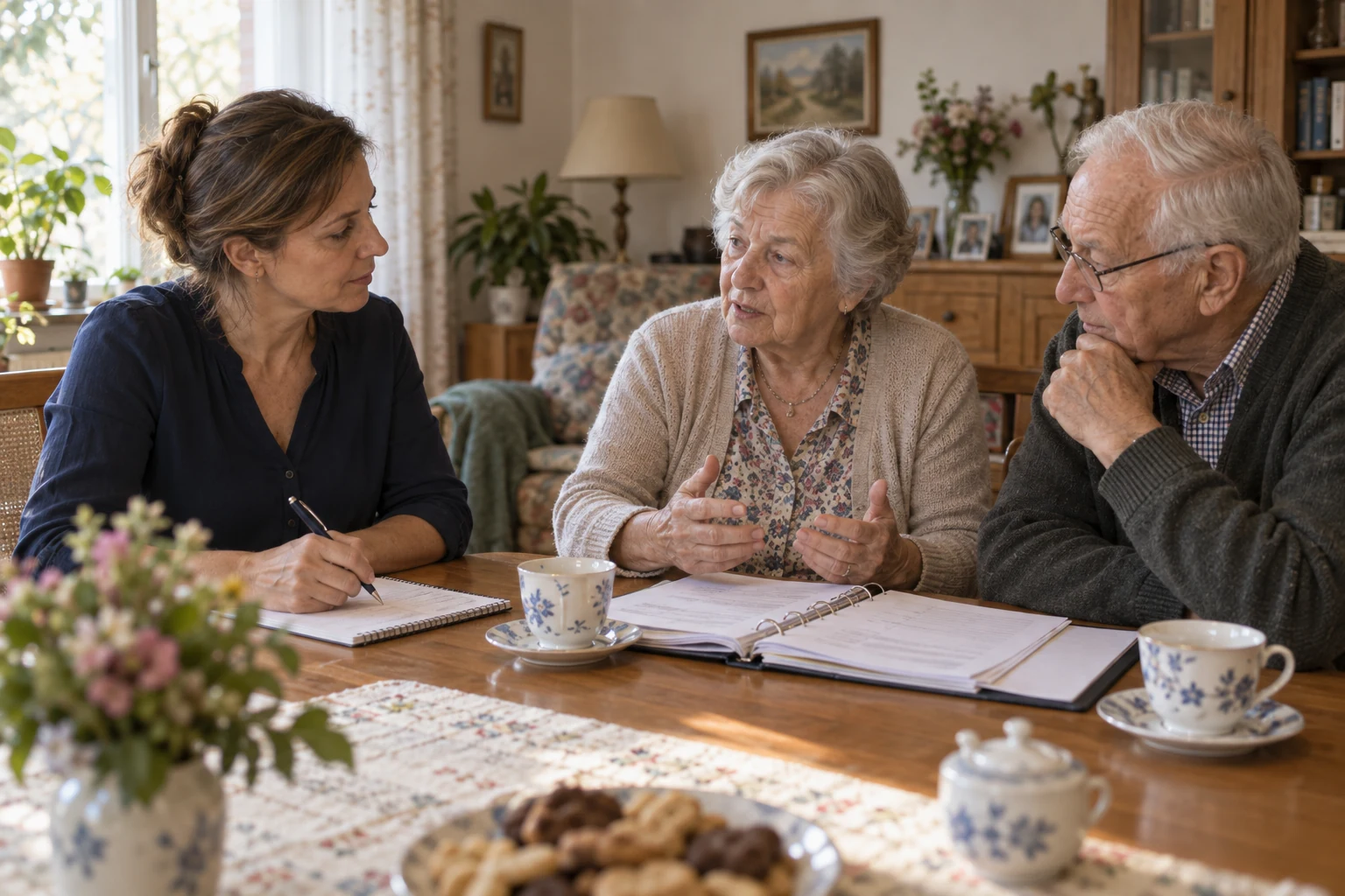 Seniorin bespricht mit einer Beraterin am Tisch die nächsten Schritte zur Unterstützung zuhause