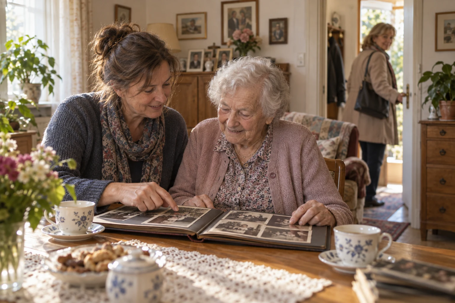 Betreuungskraft schaut mit einer Seniorin alte Fotos an, während die Tochter beruhigt das Haus verlässt