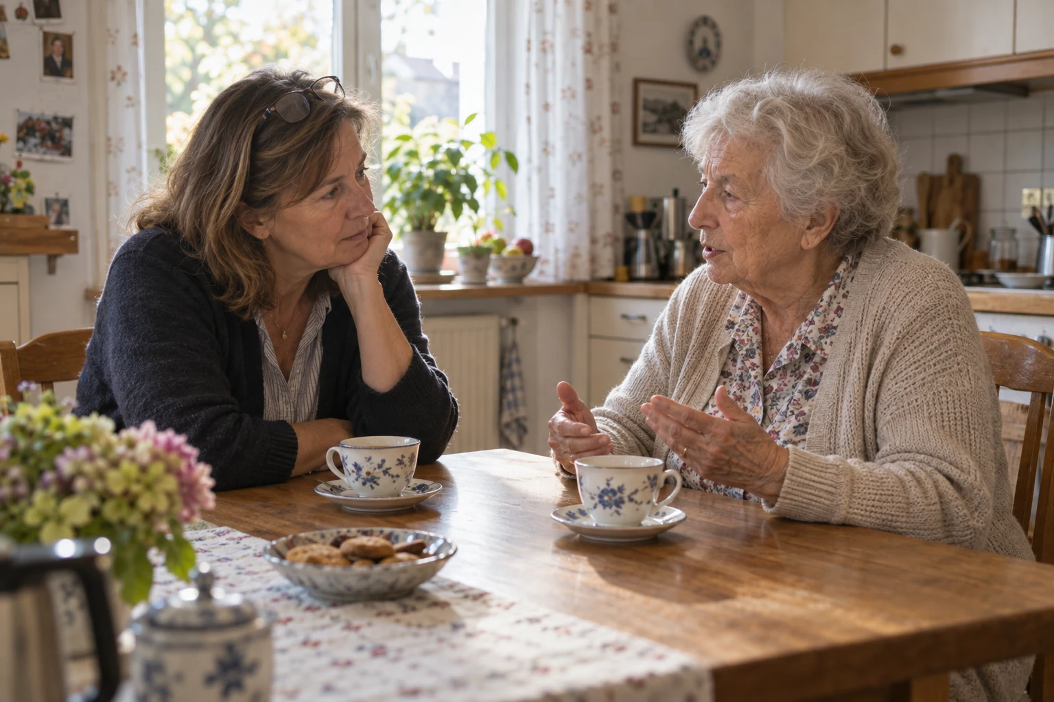 Tochter und Mutter sitzen am Esstisch und sprechen ruhig über die Situation zuhause