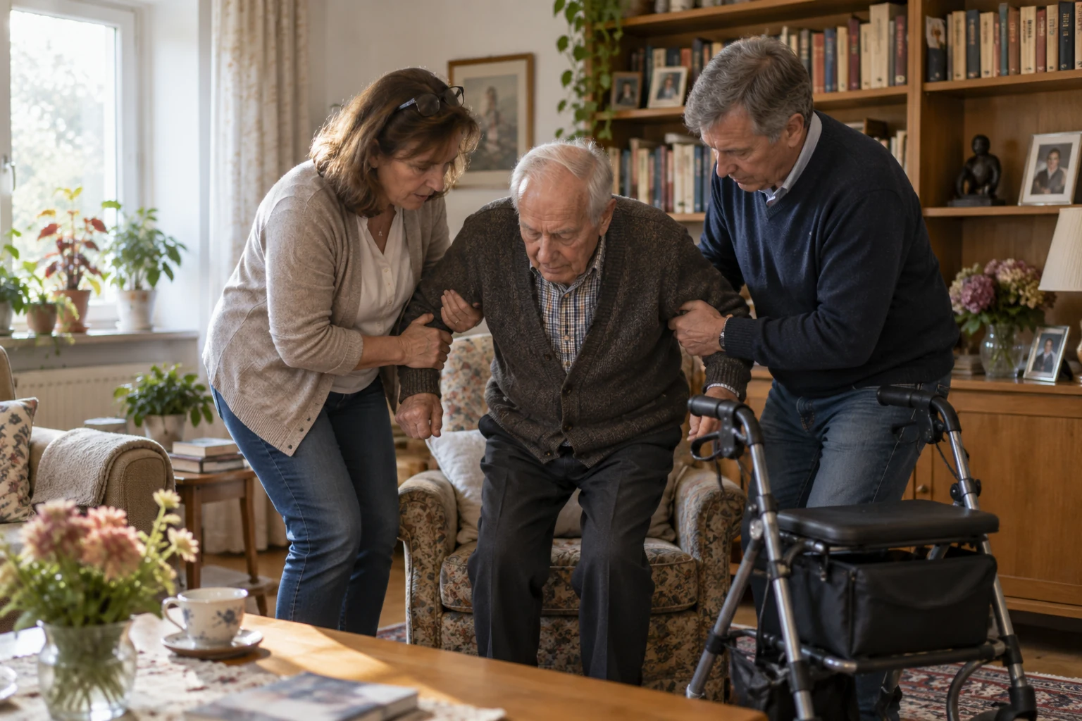 Zwei Angehörige stützen einen Senior beim Aufstehen aus dem Sessel, daneben steht ein Rollator