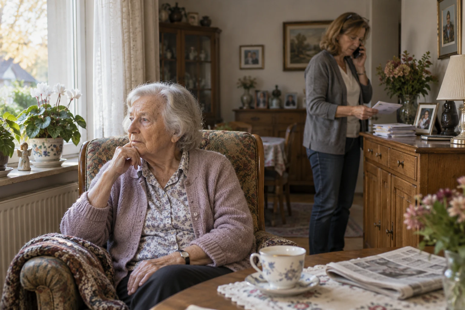Seniorin sitzt nachdenklich im Wohnzimmer, während ihre Tochter im Hintergrund Unterlagen sortiert