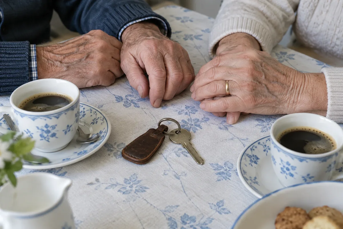 Hände eines älteren Ehepaars neben zwei Kaffeetassen und einem Haustürschlüssel