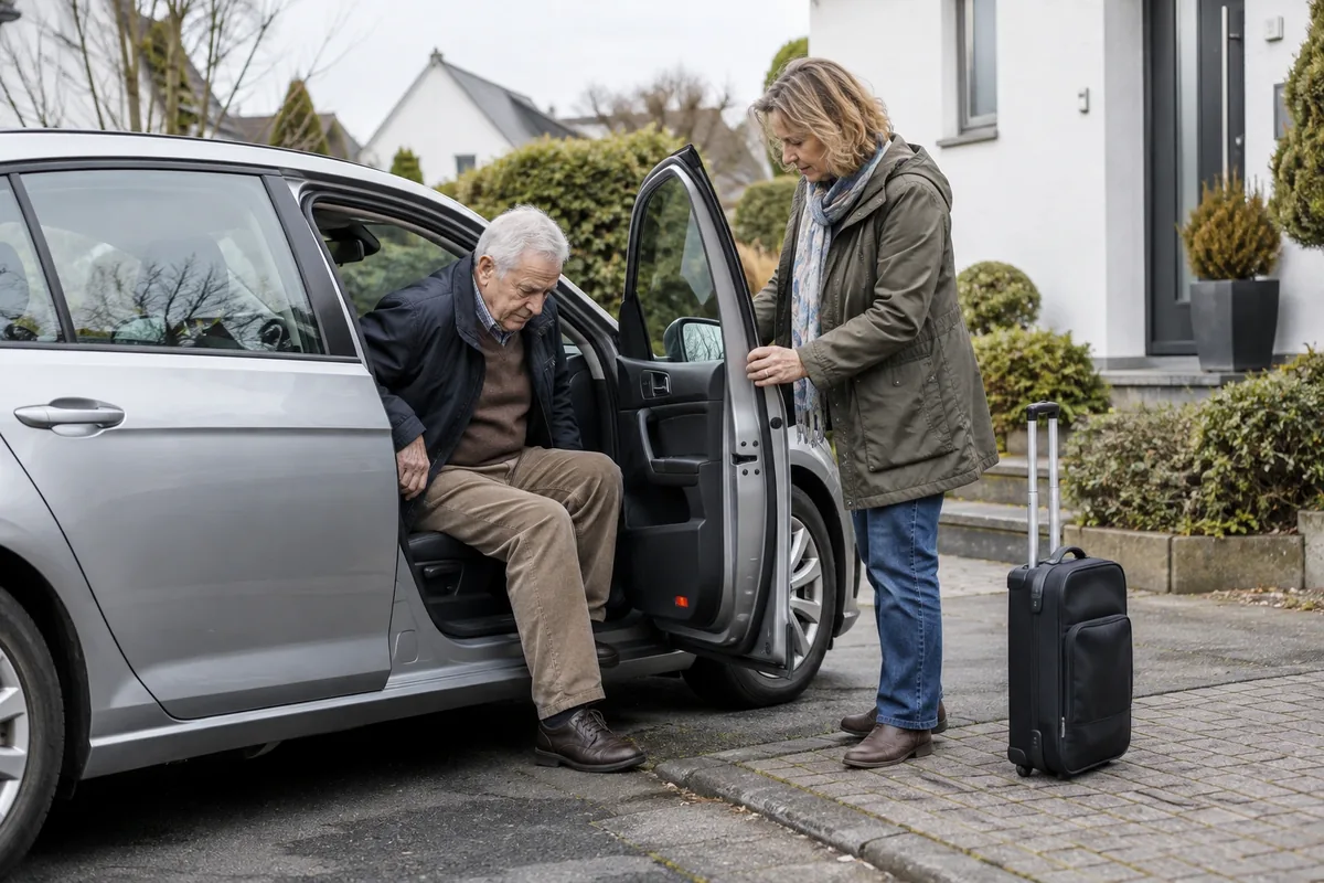 Begleiterin hilft einem älteren Herrn aus dem Auto