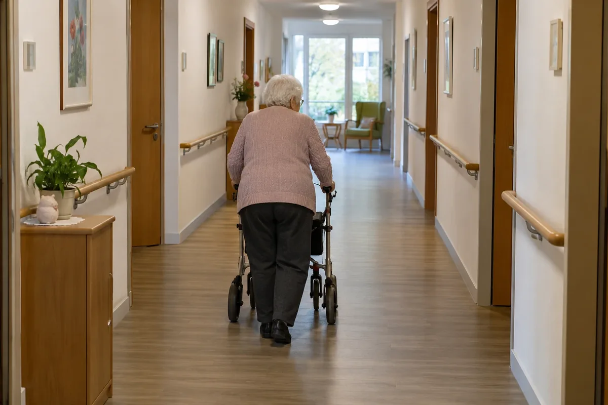 Seniorin mit Rollator in einem hellen Flur eines Pflegeheims