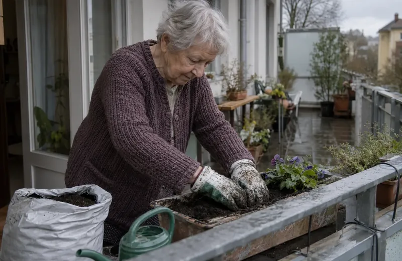 Seniorin bepflanzt Balkonkästen