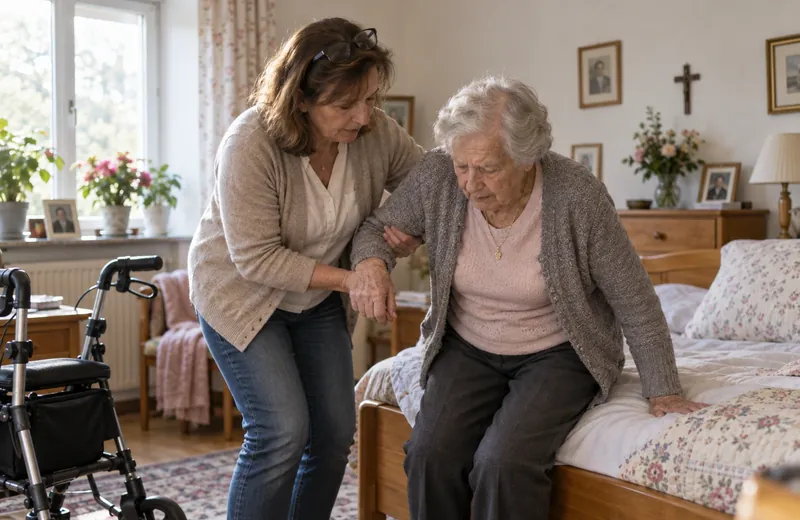 Betreuungskraft hilft einer Seniorin beim Aufstehen vom Bett