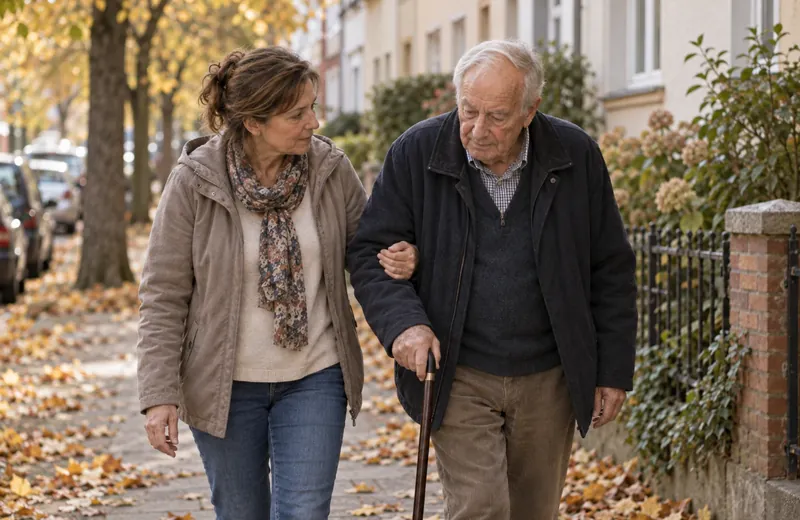 Tochter und Vater mit Gehstock beim Spaziergang im Herbst