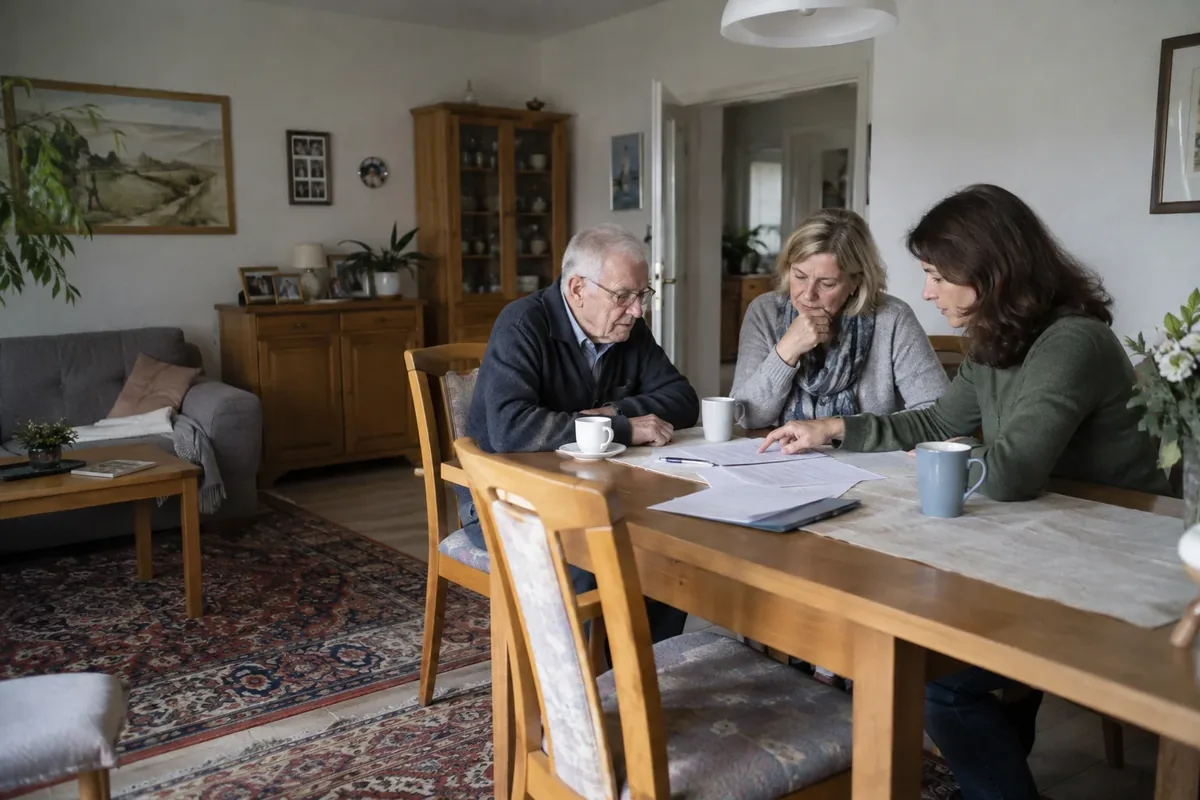 Beratungsgespräch mit einem älteren Herrn und seinen Angehörigen am Esstisch