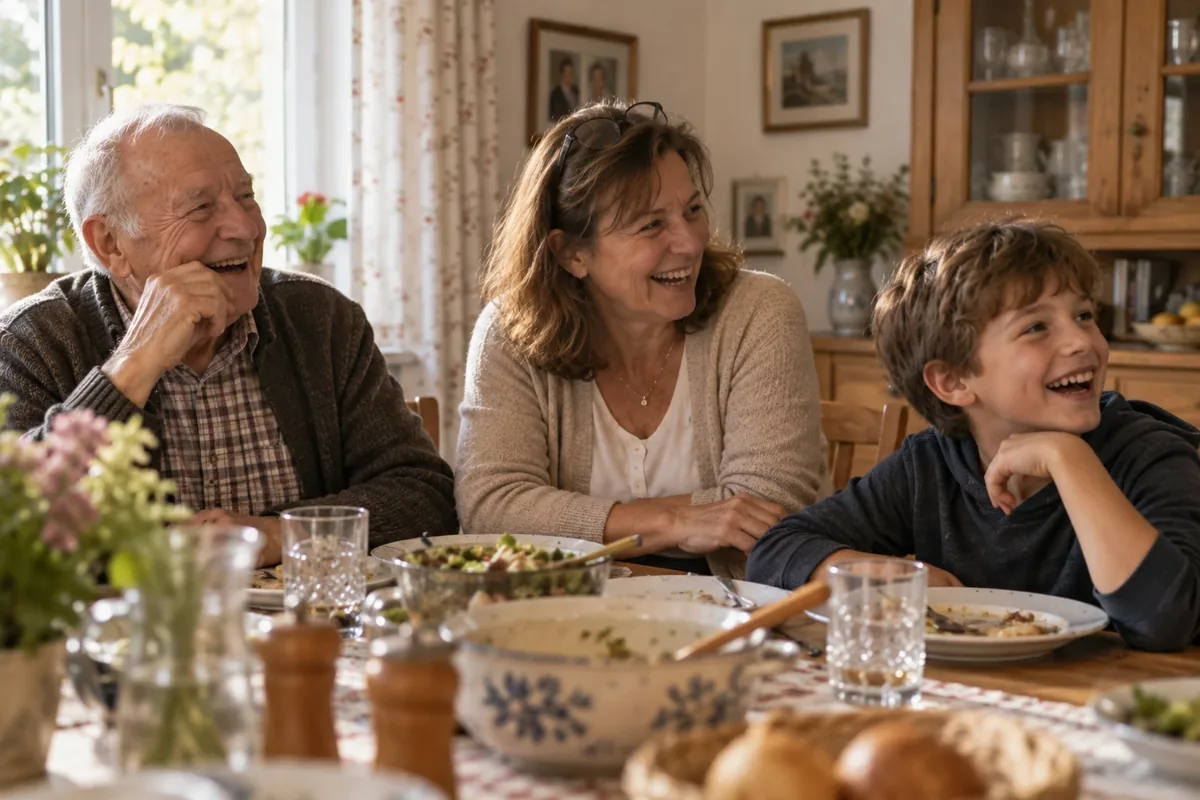 Großvater, Mutter und Sohn sitzen lachend am Esstisch