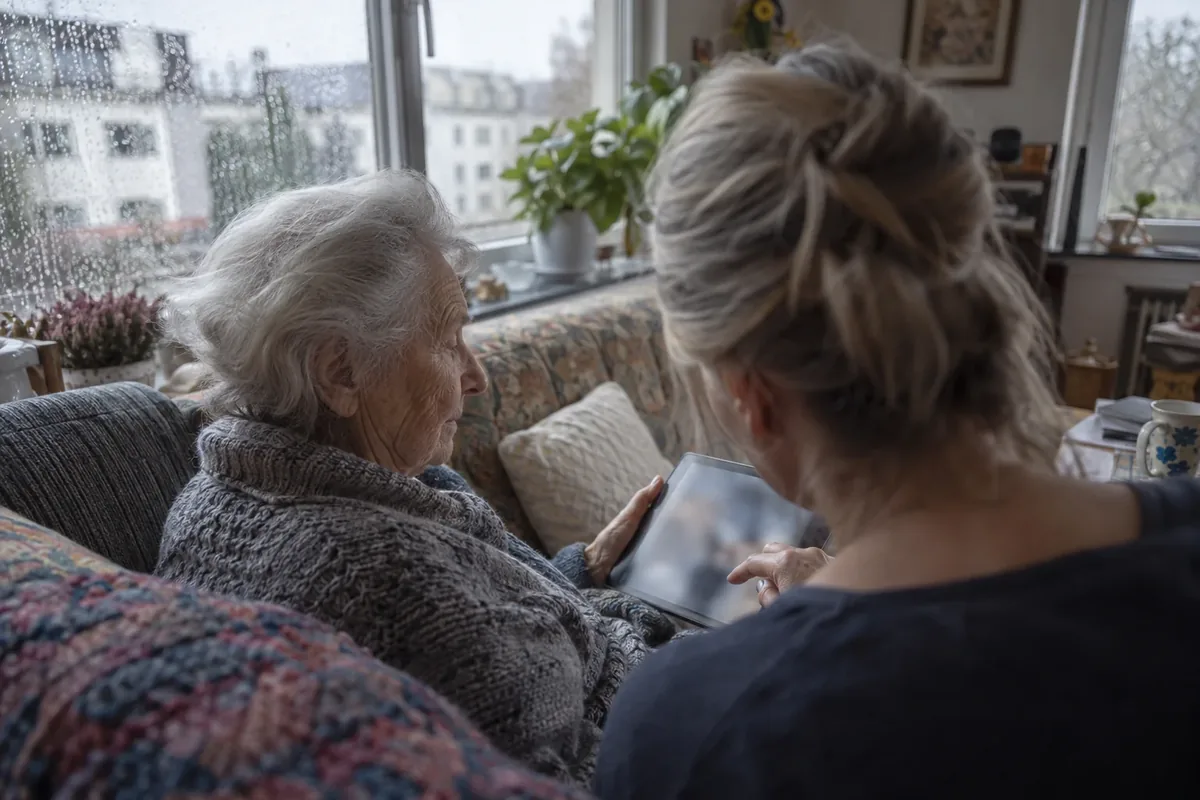 Seniorin schaut mit einer jüngeren Frau Fotos auf einem Tablet an
