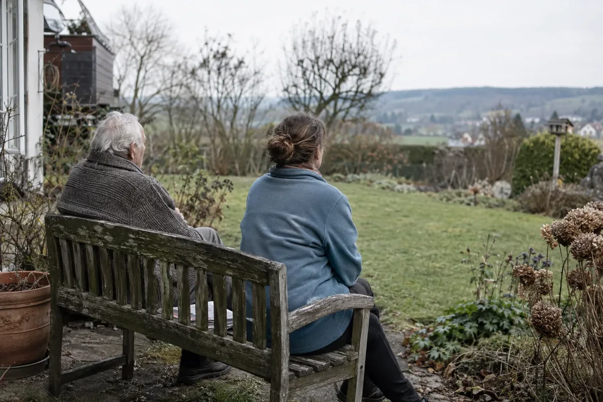 Zwei Frauen sitzen auf einer Gartenbank und schauen über eine hügelige Landschaft