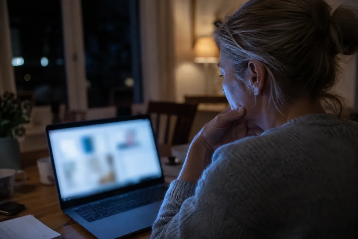 Frau sitzt abends am Laptop in einem Videogespräch