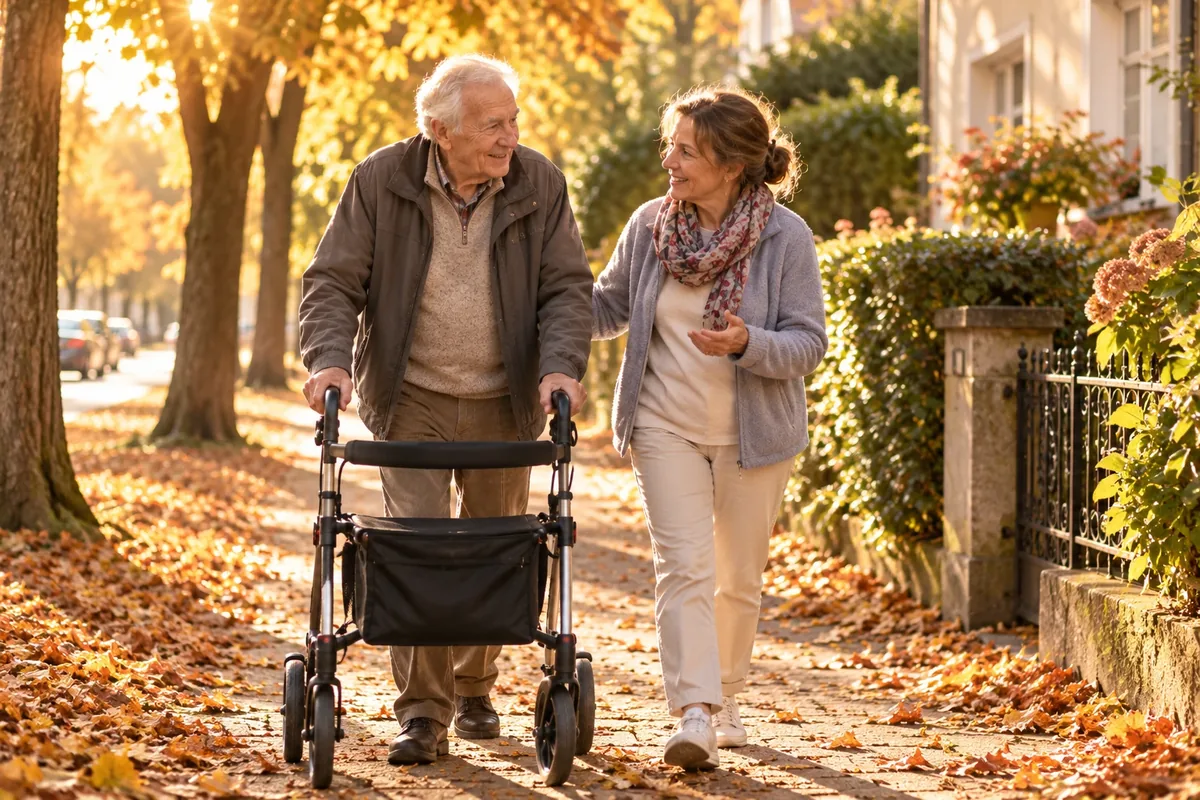 Älterer Herr mit Rollator und Begleiterin beim Spaziergang im Herbstlaub