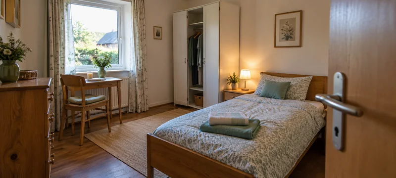 Hergerichtetes Zimmer für die Betreuungskraft mit Bett, Schrank und Tisch am Fenster