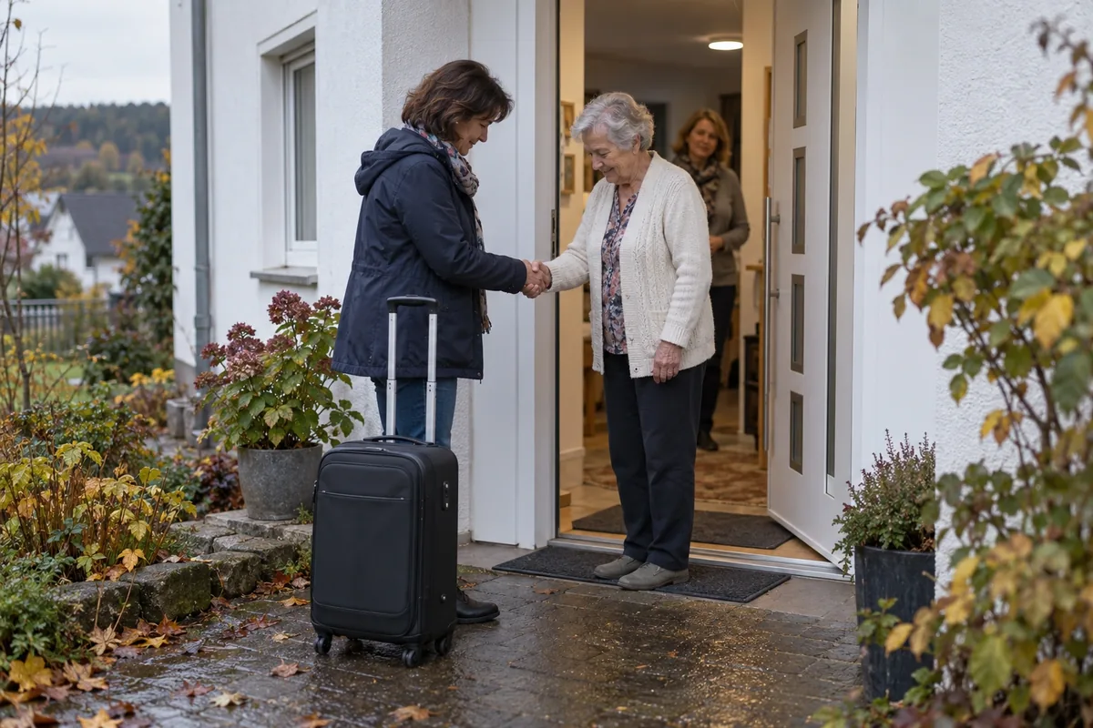 Seniorin begrüßt die ankommende Betreuungskraft mit Koffer an der Haustür