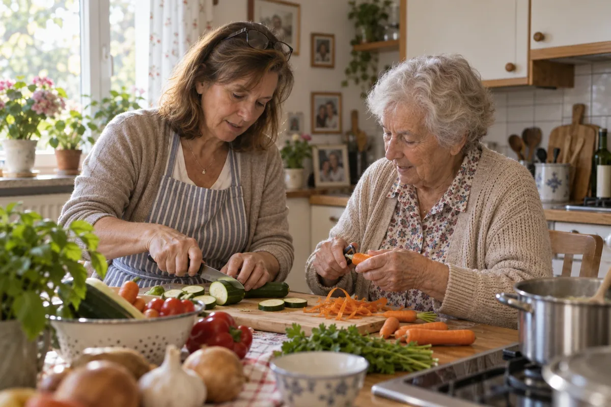 Seniorin und Betreuungskraft schneiden gemeinsam Gemüse in der Küche