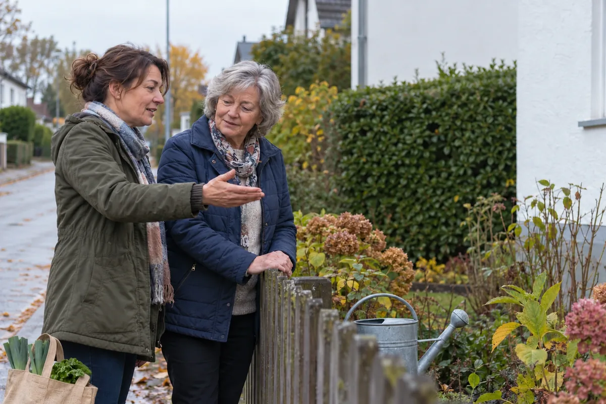 Zwei Frauen unterhalten sich am Gartenzaun