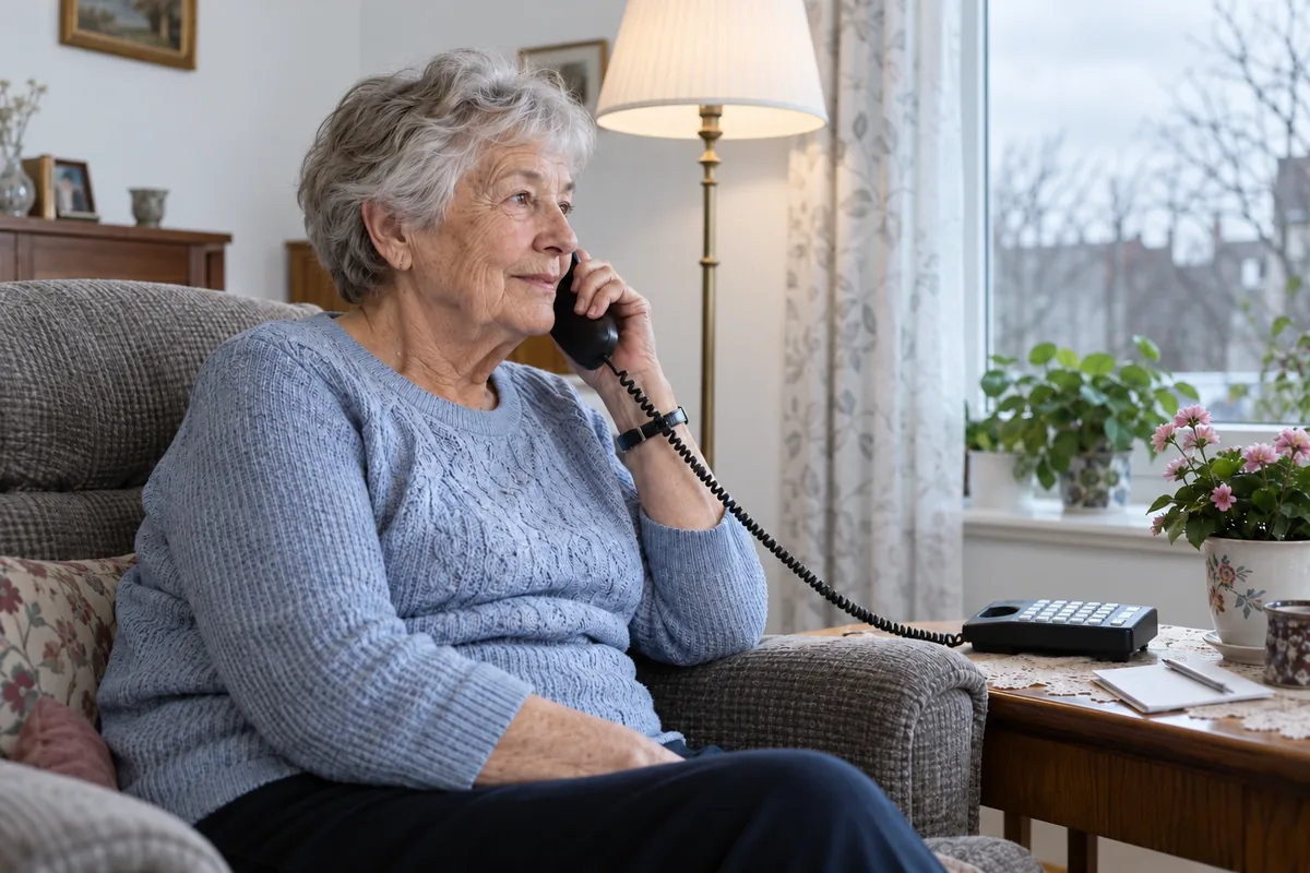 Ältere Frau telefoniert im Sessel am Festnetztelefon und schaut zum Fenster