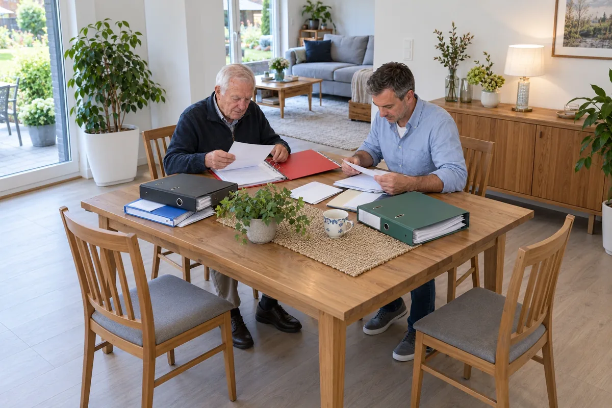Vater und Sohn sitzen am Esstisch und sortieren Ordner und Briefe