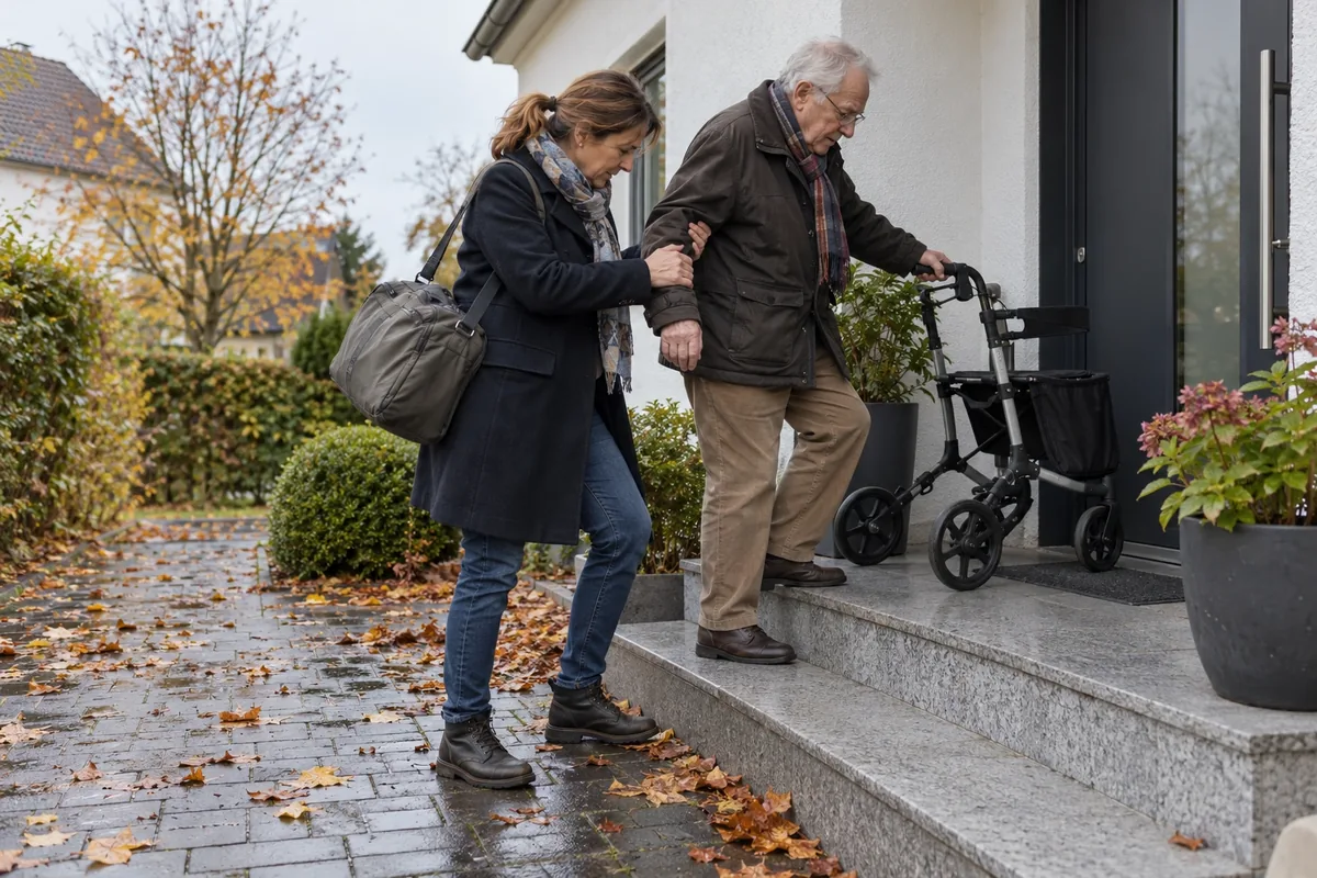 Tochter hilft ihrem Vater nach dem Krankenhaus die Stufen zur Haustür hinauf