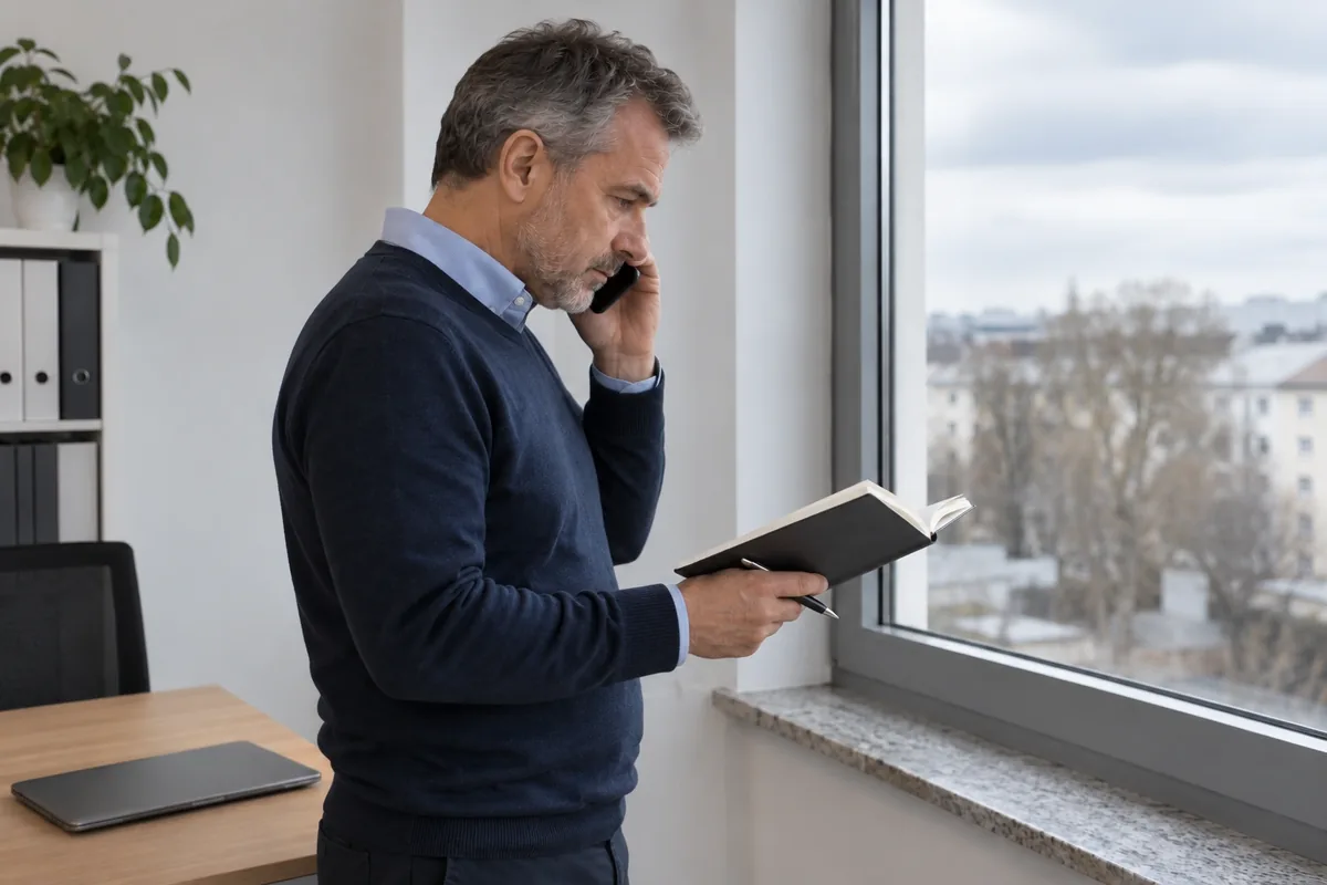 Mann telefoniert in der Mittagspause am Fenster und macht sich Notizen