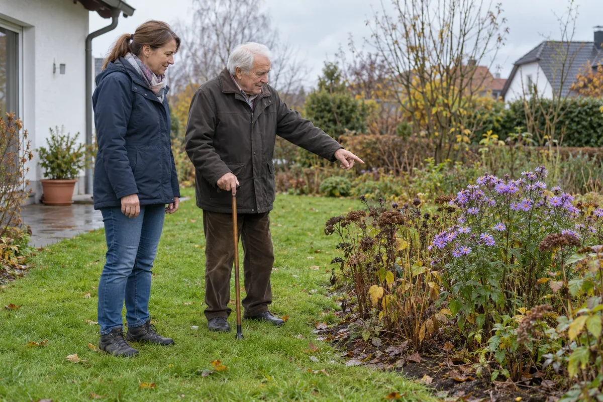 Älterer Herr mit Gehstock zeigt im Herbst seinen Garten