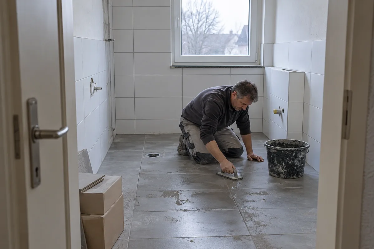 Handwerker verlegt den Boden einer bodengleichen Dusche
