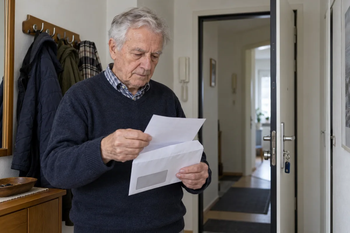 Älterer Herr liest im Flur den Bewilligungsbrief der Pflegekasse