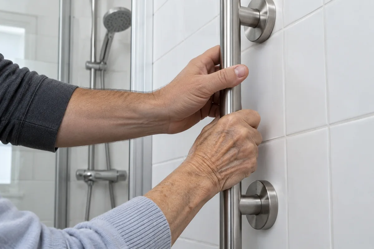 Hände prüfen den Halt eines Haltegriffs in der Dusche