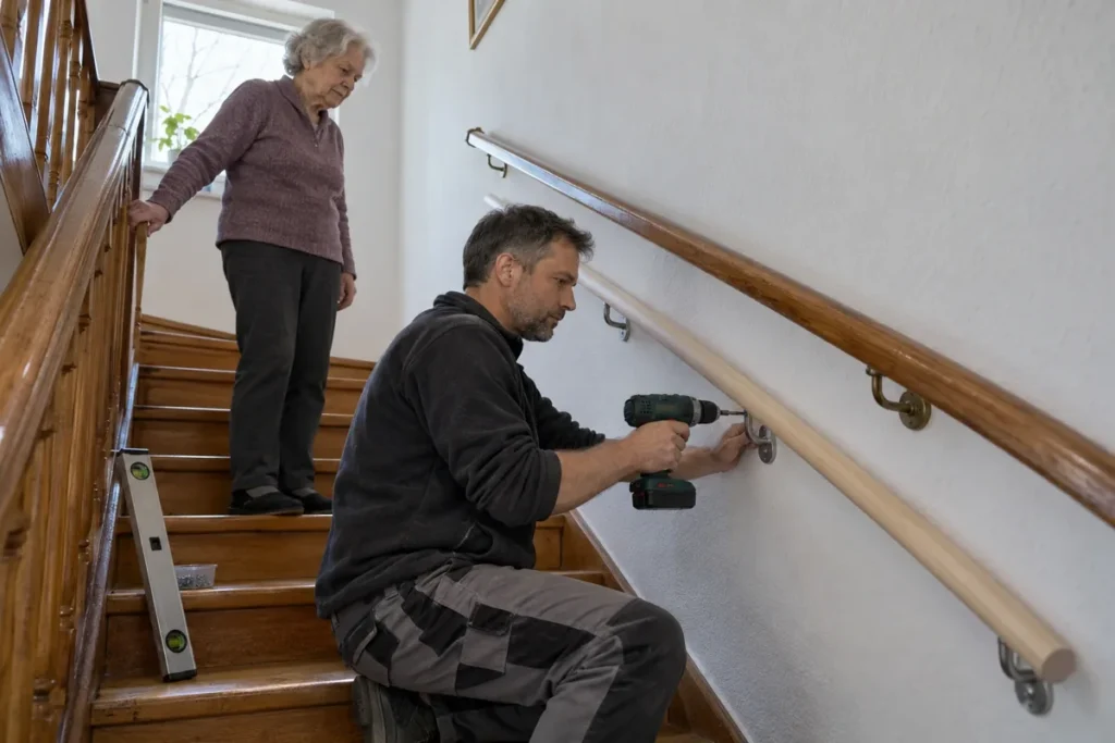 Handwerker montiert einen zweiten Handlauf an der Treppe, die Seniorin schaut von oben zu