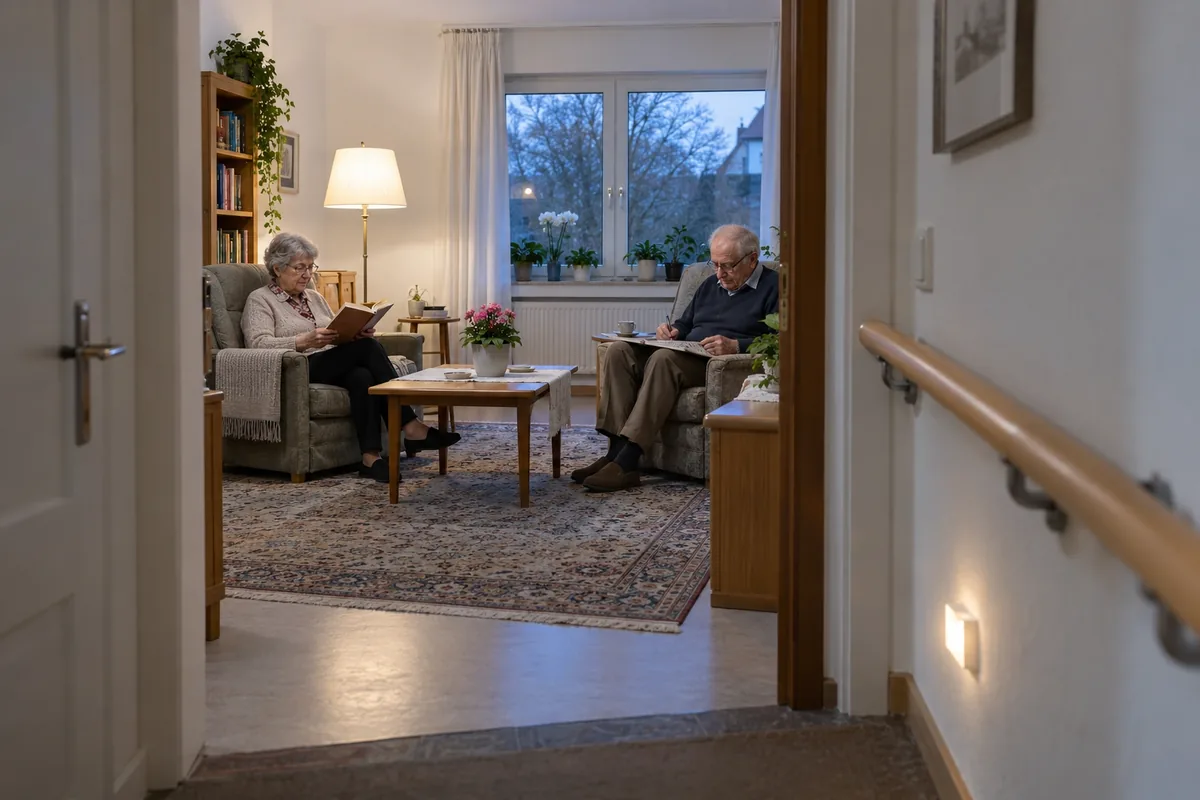 Älteres Ehepaar sitzt abends im Wohnzimmer, der neue Handlauf im Flur ist montiert