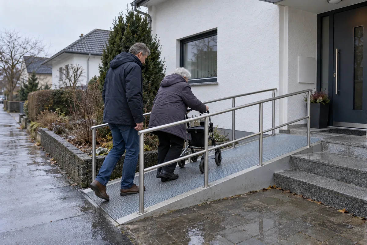 Seniorin mit Rollator geht mit ihrem Sohn über die neue Rampe am Hauseingang