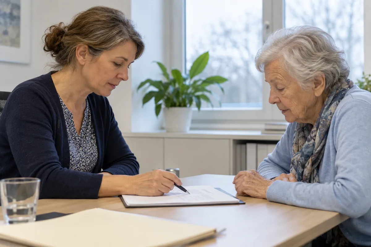 Hausärztin bespricht mit einer älteren Patientin die Unterlagen