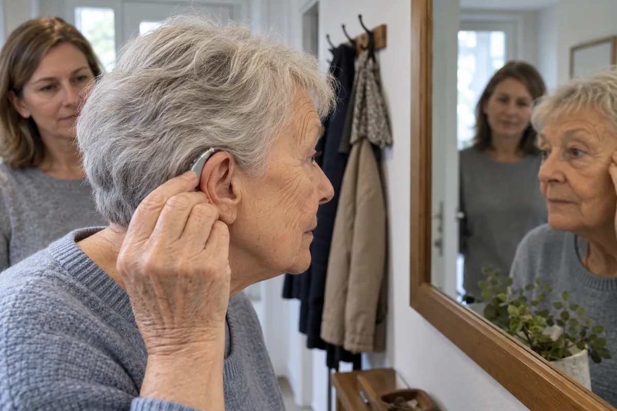 Seniorin setzt vor dem Spiegel ihr Hörgerät ein