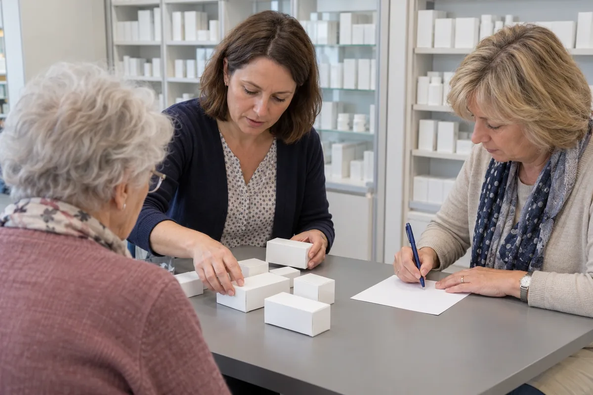 Apothekerin geht mit einer Seniorin und ihrer Begleiterin die Medikamente durch